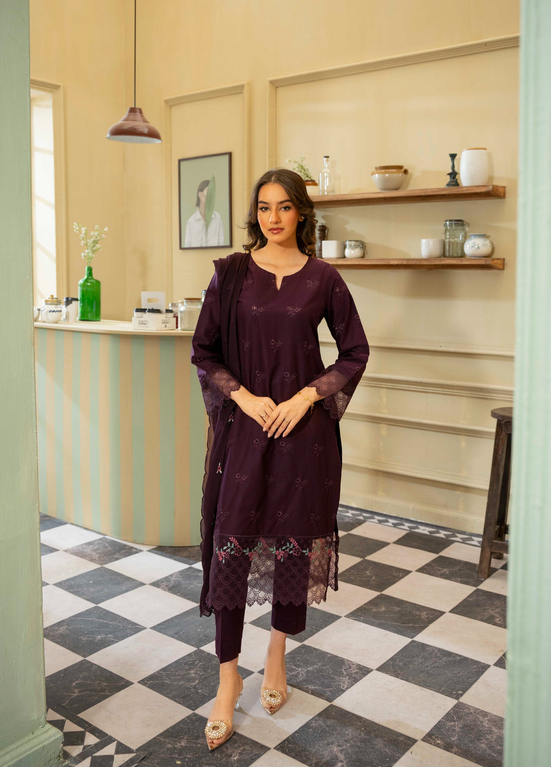 Naaz Couture Women RTW Embroidered Lawn 3 Piece Suit NC26RLC Plum - Casual Collection