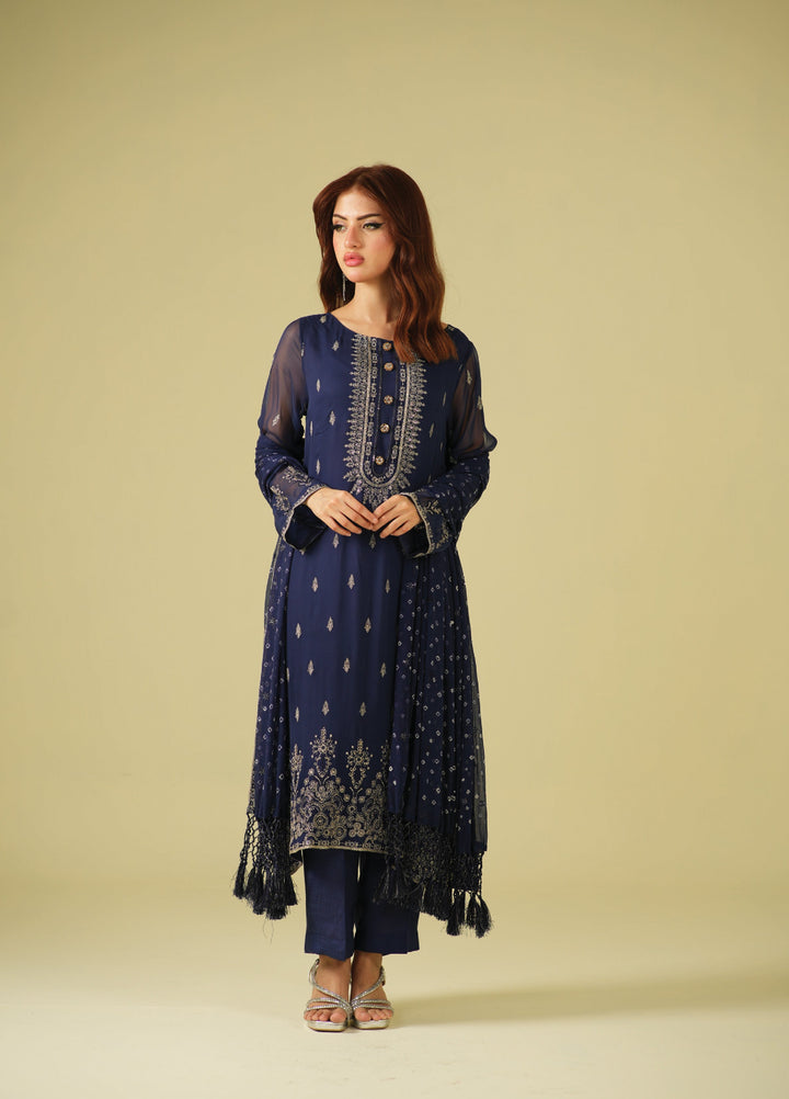 Satrang by Zouj Unstitched Chunri Chiffon Embroidered Suits 3 Piece ZJ25SC ZJCH-0032 Navy Blue - Festive Collection