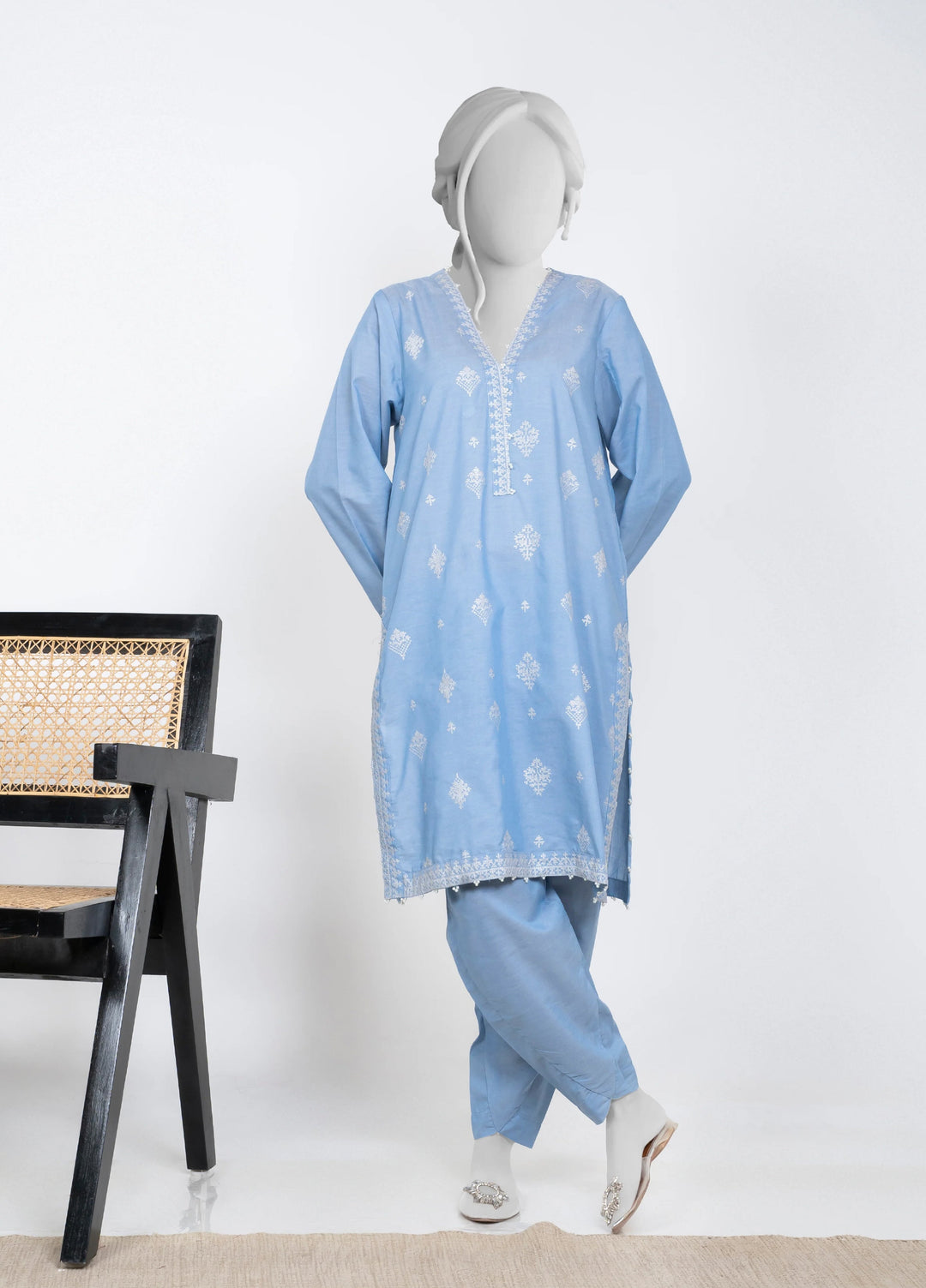 Ayla Studio Women Pret Chambray Solid Embroidered 2-Piece RTW Sky Blue - Winter Collection