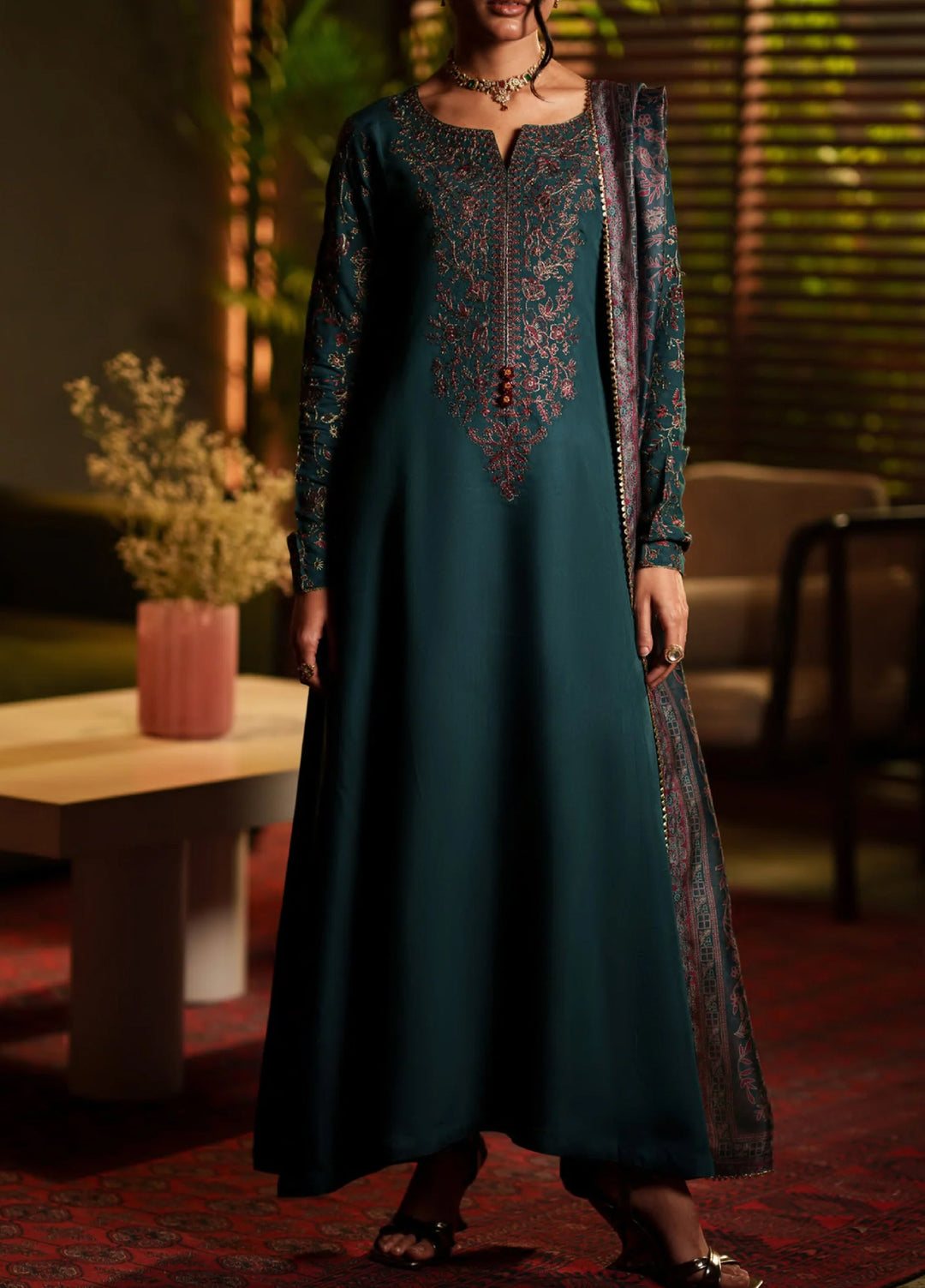 Eala by Casuallite RTW Embroidered Silk Viscose 3 Piece Suit CL26PSEA 07 AZURE NOIR - Festive Collection