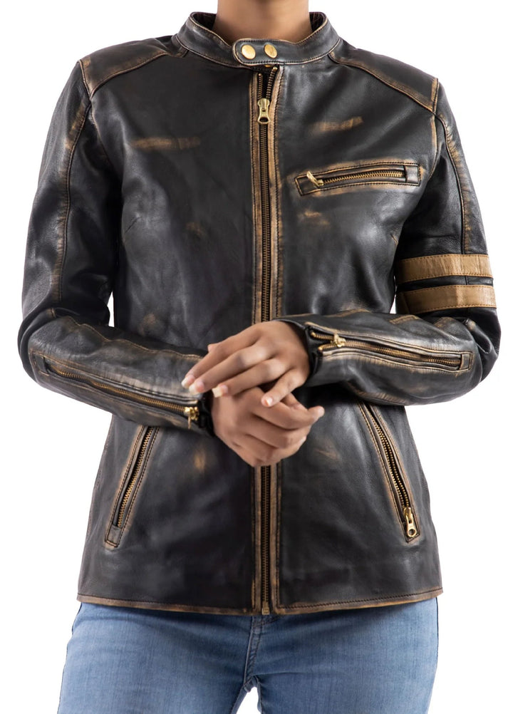 Jild Bomber Jacket Solids Distressed Racer Vintage Leather Jacket Women Black - Winter Collection