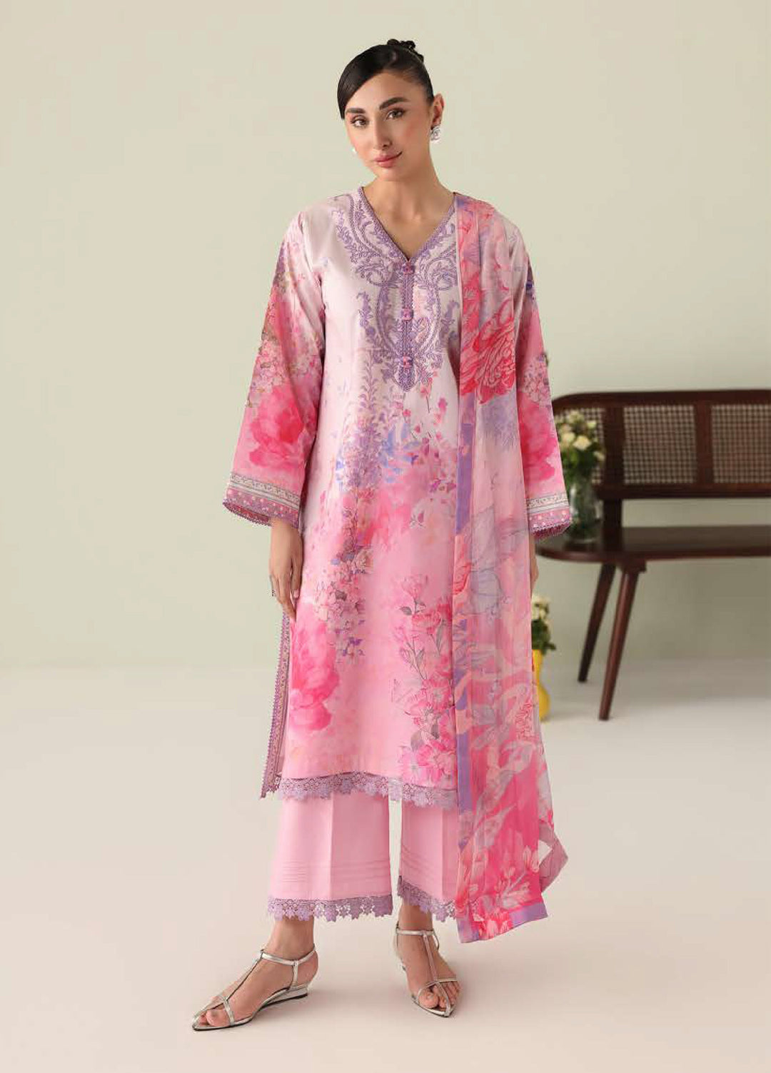 Rosette by Roheenaz Unstitched Lawn Embroidered 3 Piece Suit RNZ26UR Petal Whispers-2A - Summer Collection