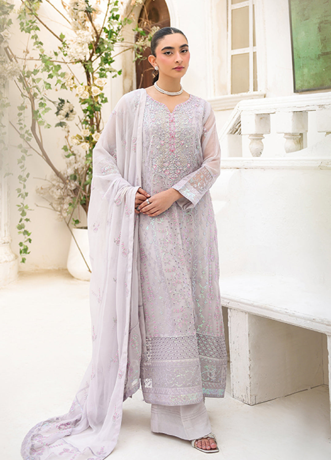 Lamhay by Shamooz Unstitched Embroidered Chiffon 3 Piece Suit SHM26UL Lilac Ash - Festive Collection