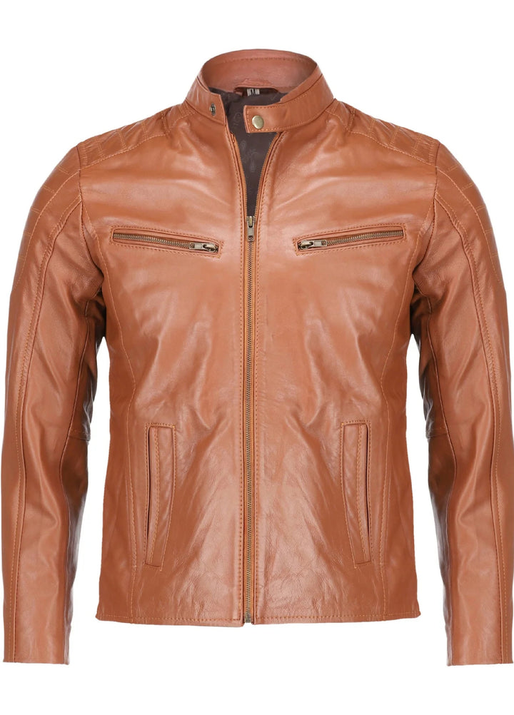 Mens Tan Lambskin Biker Style Leather Jacket