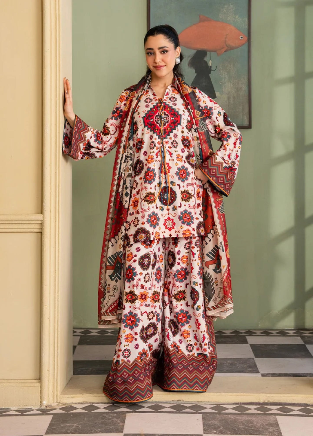 Retro by Maria Osama Khan RTW Printed Grip 3 Piece Suit MOK26PR Daisy - Casual Collection