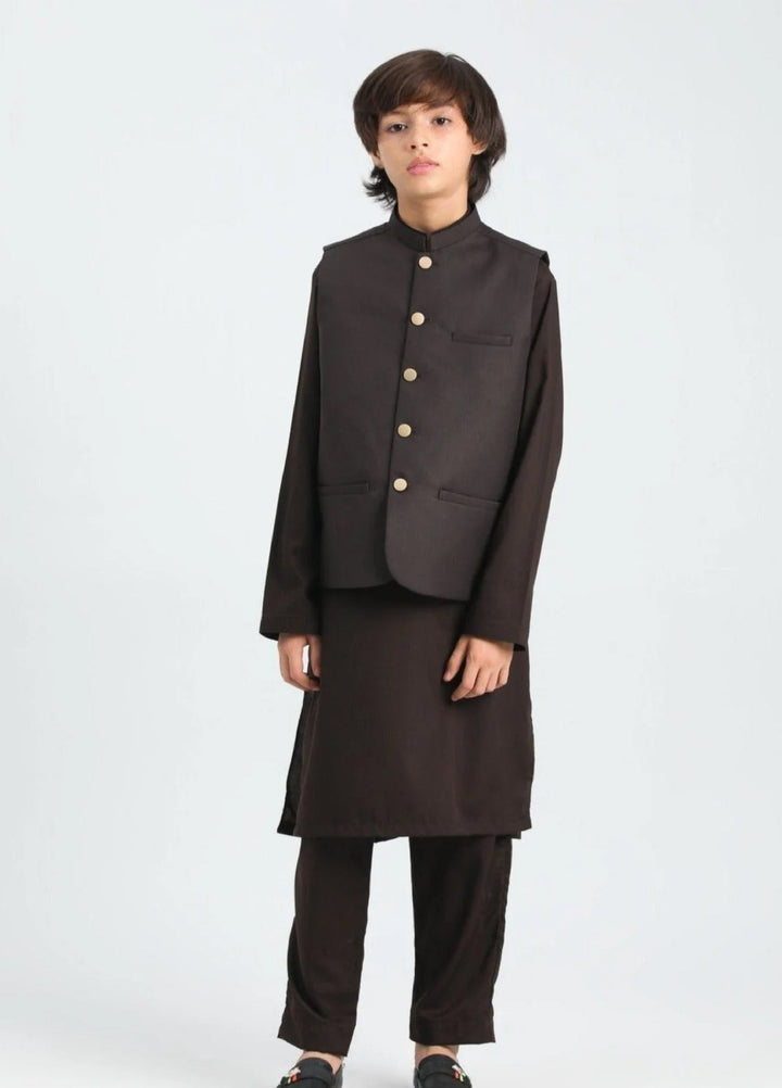 Muraqsh Ready To Wear Solids Cotton Boys Dark Brown Kurta Trouser with Suiting Waistcoat MUR-ADB - Summer Collection