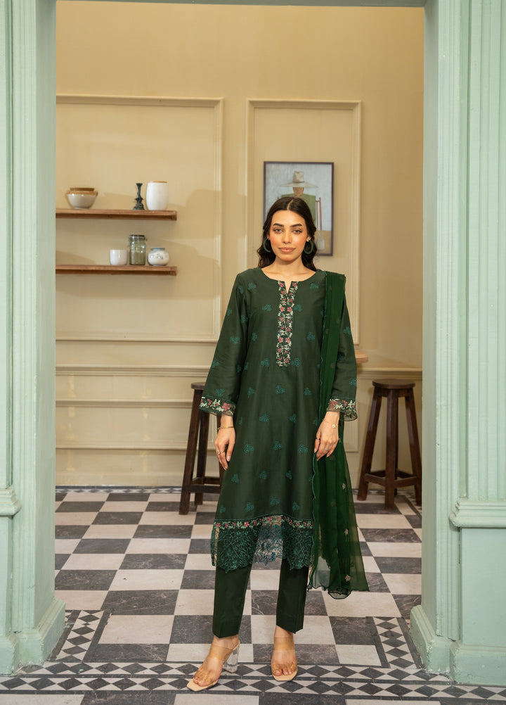Naaz Couture Women RTW Embroidered Lawn 3 Piece Suit NC26RLC Bottle Green - Casual Collection