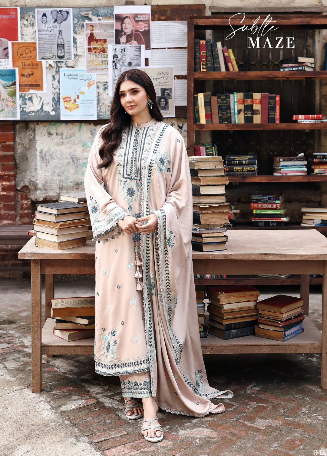 Cross Stitch Unstitched RTS Marina Embroidered Suits 3 Piece CS25MW D-06 Subtle Maze - Winter Collection