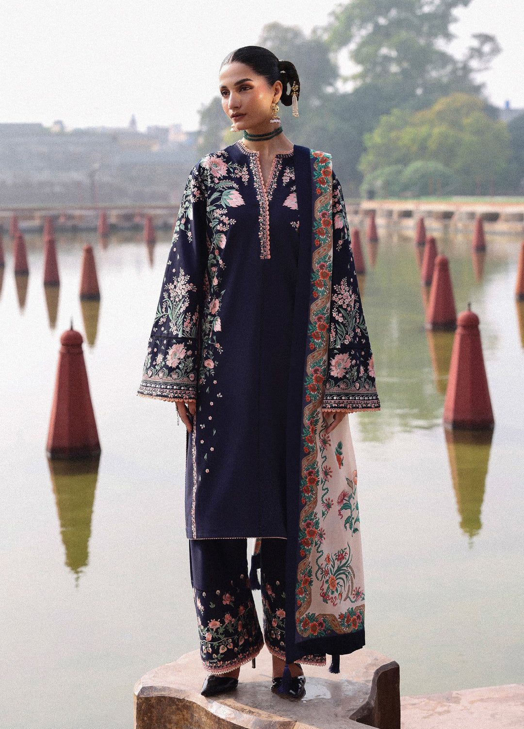 Jugnu by Hussain Rehar Unstitched Khaddar Embroidered Suits 3 Piece HRR25JK Navi - Winter Collection