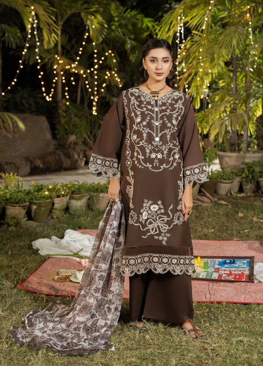 Dhaga Women RTW Embroidered Cotton 3 Piece DHG26PCN Mocha Elegence - Eid Collection