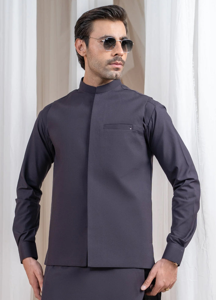 Muraqsh Ready To Wear Solids Cotton Men Deep Burgundy Luxury Blended Waistcoat Straigth Cut -Men MUR-DBLBW - Summer Collection