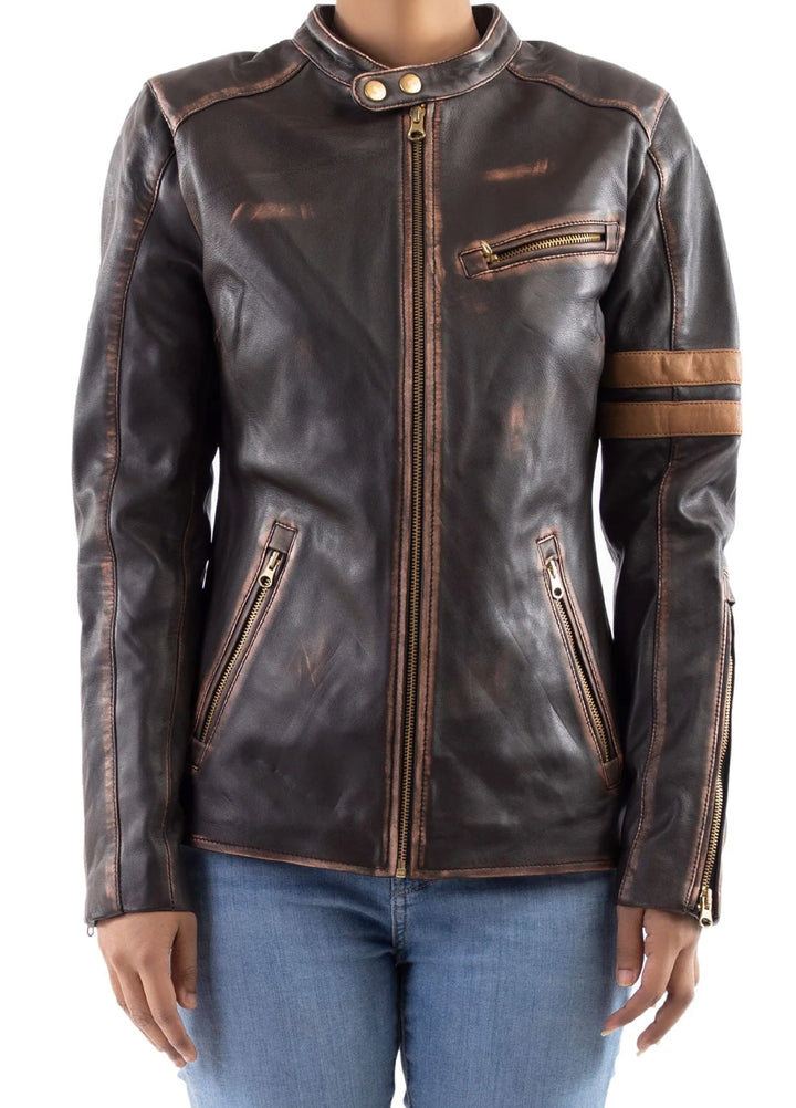 Jild Bomber Jacket Solids Distressed Racer Vintage Leather Jacket Women Brown - Winter Collection