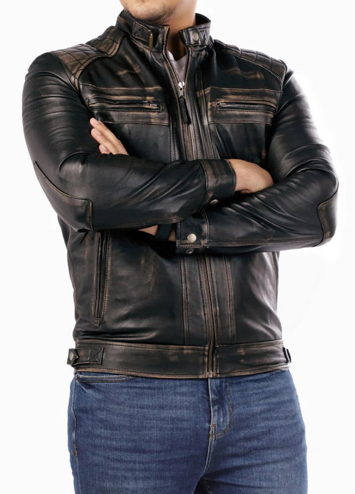 Men's Casual Signature Diamond Lambskin Leather Jacket-Vintage Black