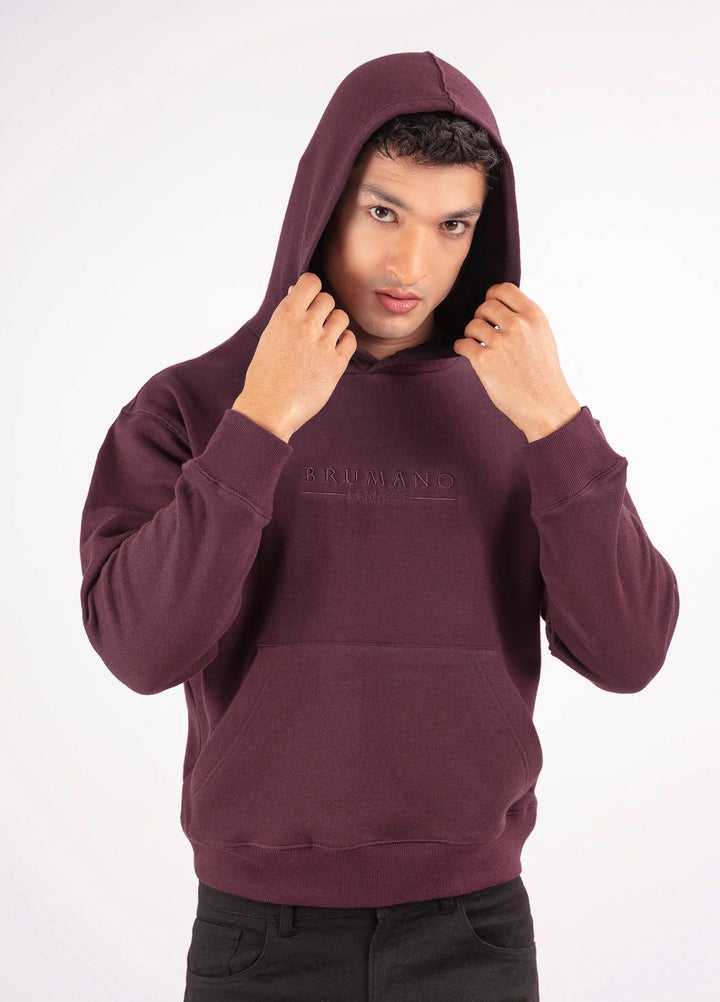 Brumano Embroidered Fleece Burgundy Embroidered Relaxed Fit Hoodie - Winter Collection