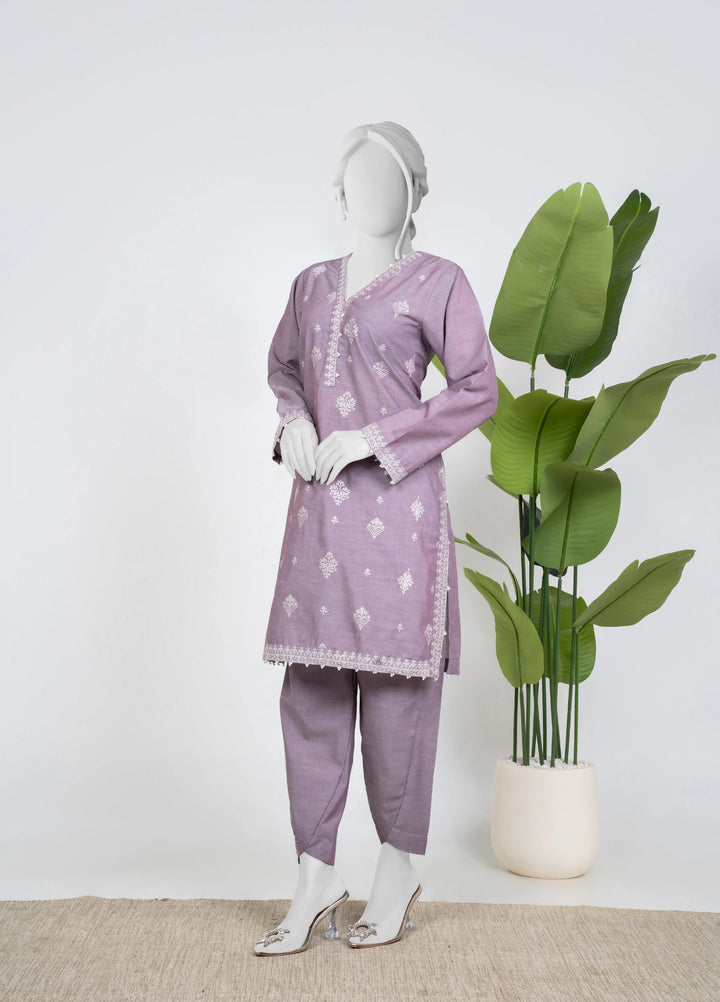 Ayla Studio Women Pret Chambray Solid Embroidered 2-Piece RTW Lilac - Winter Collection