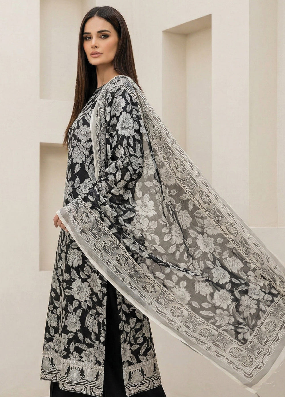 Black N White by Regalia Textiles Unstitched Printed Lawn 3 Piece Suit RG26ULBW D8 - Casual Collection