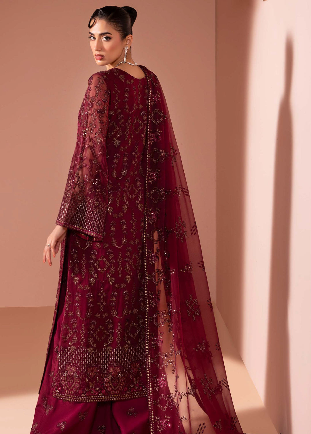 Murawwat by Lavish Premium Unstitched Luxury Chiffon Embroidered 3 peice LV25MC M-01 Rosewood Wine - Formals Collection