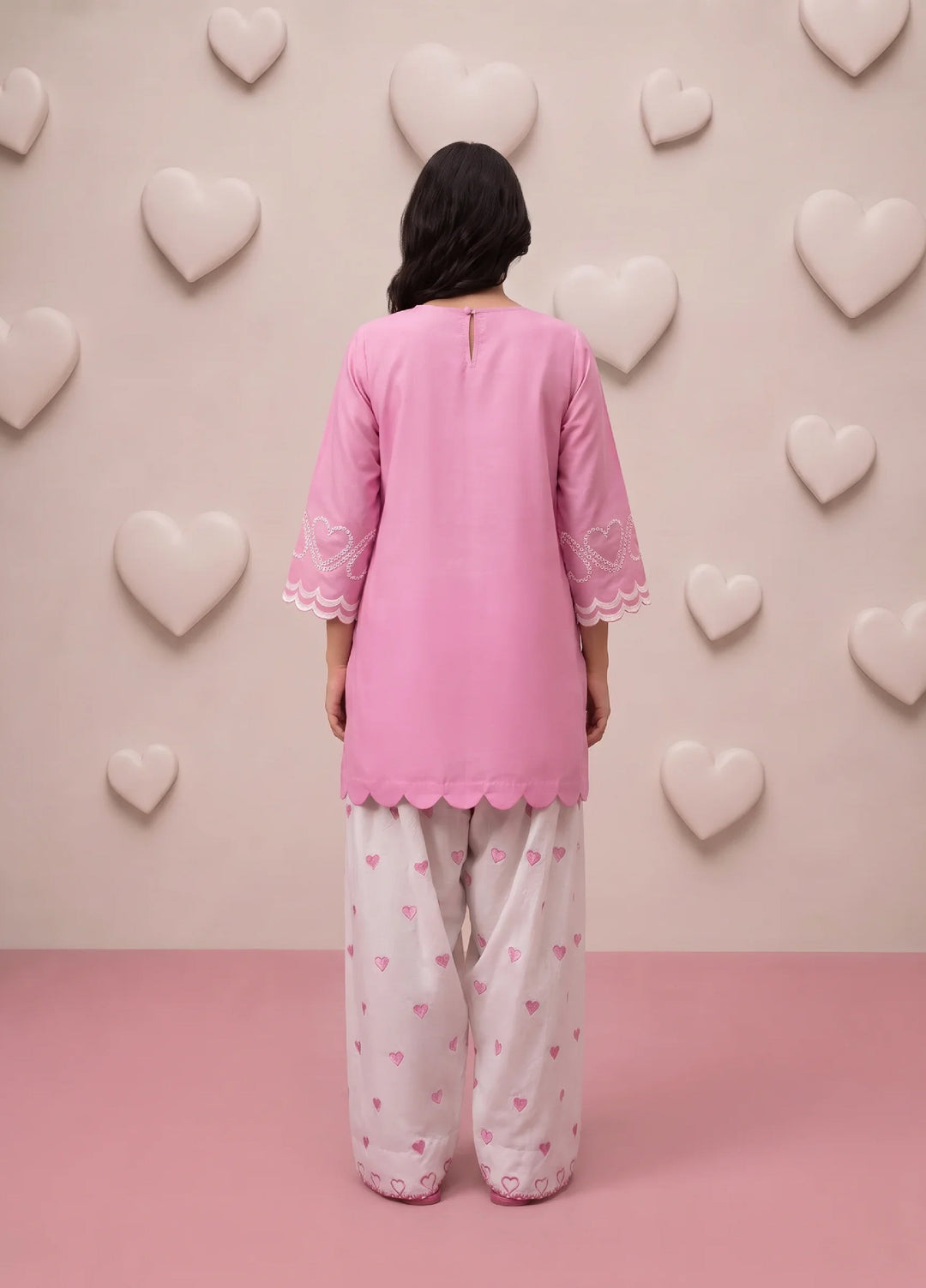 Scherezade Women RTW Embroidered Lawn Cotton 3 Piece Suit PINK HEARTS - Casual Collection