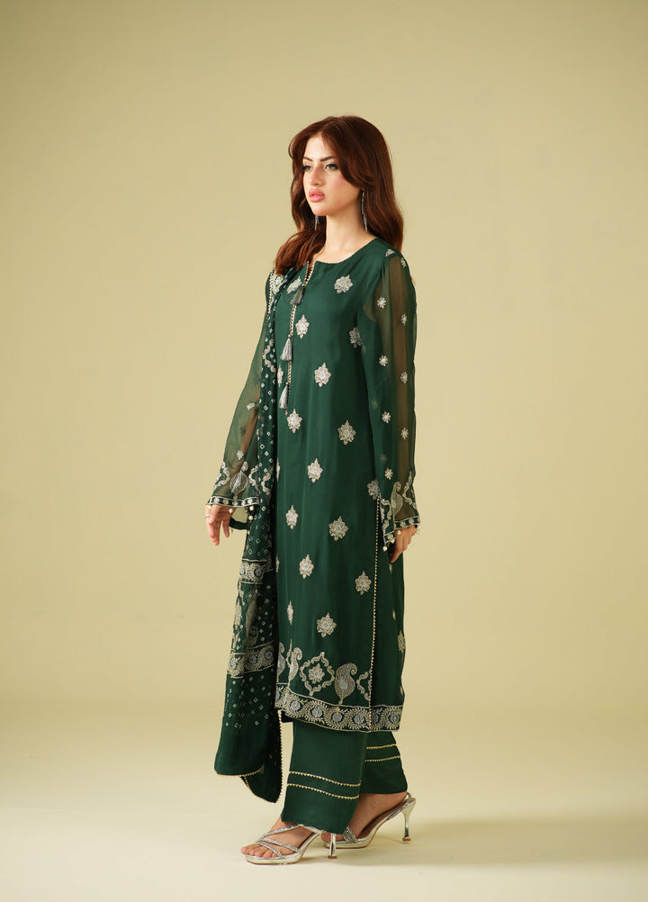 Satrang by Zouj Unstitched Chunri Chiffon Embroidered Suits 3 Piece ZJ25SC ZJCH-0030 Dark Green - Festive Collection