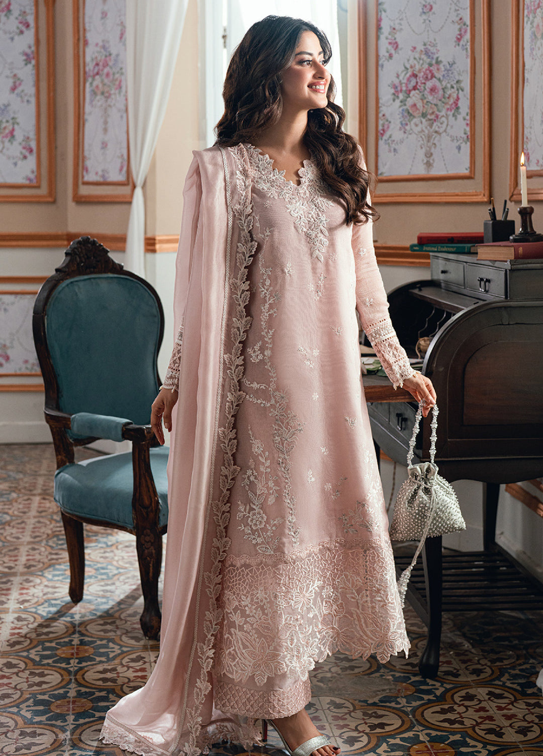 Eid Ensembles by Azure Unstitched Embroidered Khaddi Net 3 Piece Suit AZ26UEE ES-139 Rose Bud - Eid Collection