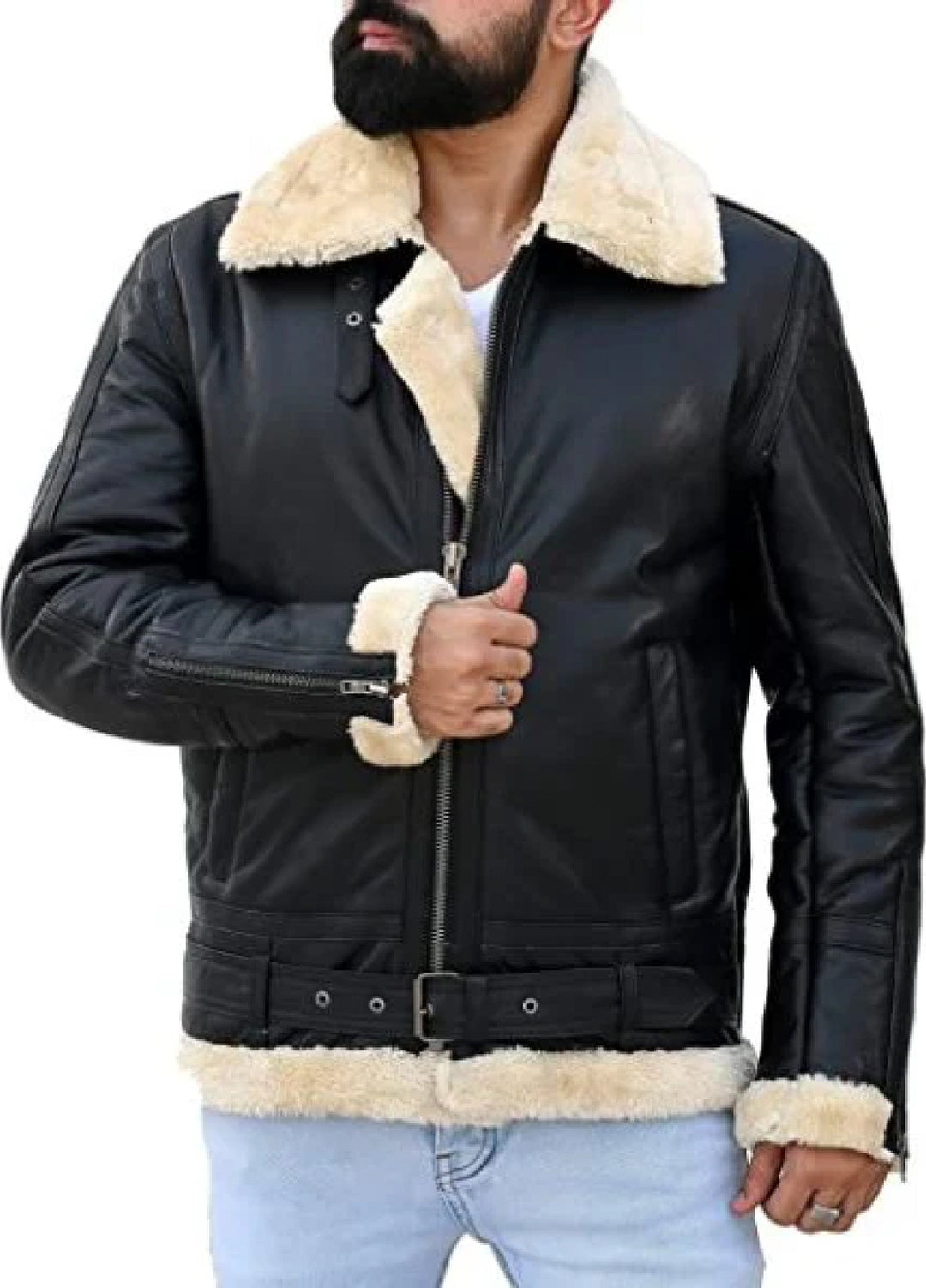 Jild Bomber Jacket Solids Mens Premium Shearling Fur Leather Jacket Black - Winter Collection