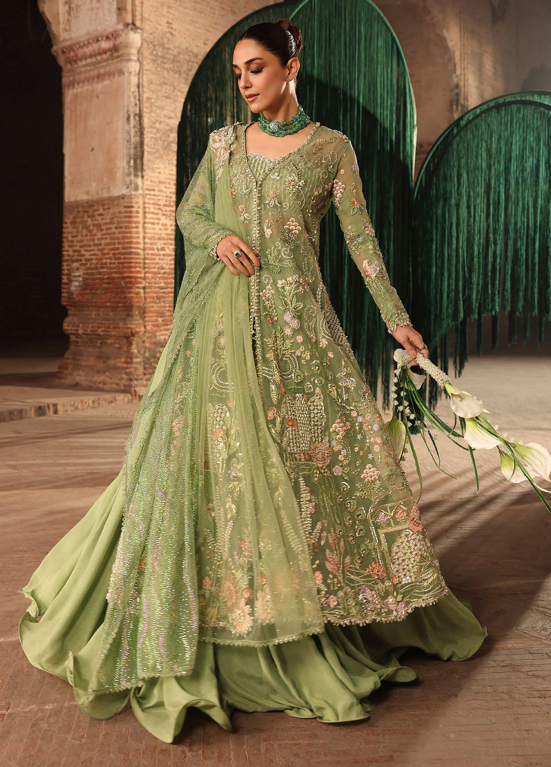 Crimson Unstitched Embroidered Poly Net 3 Piece Suit CR26UW D-5 Matwali Mint - Festive Collection