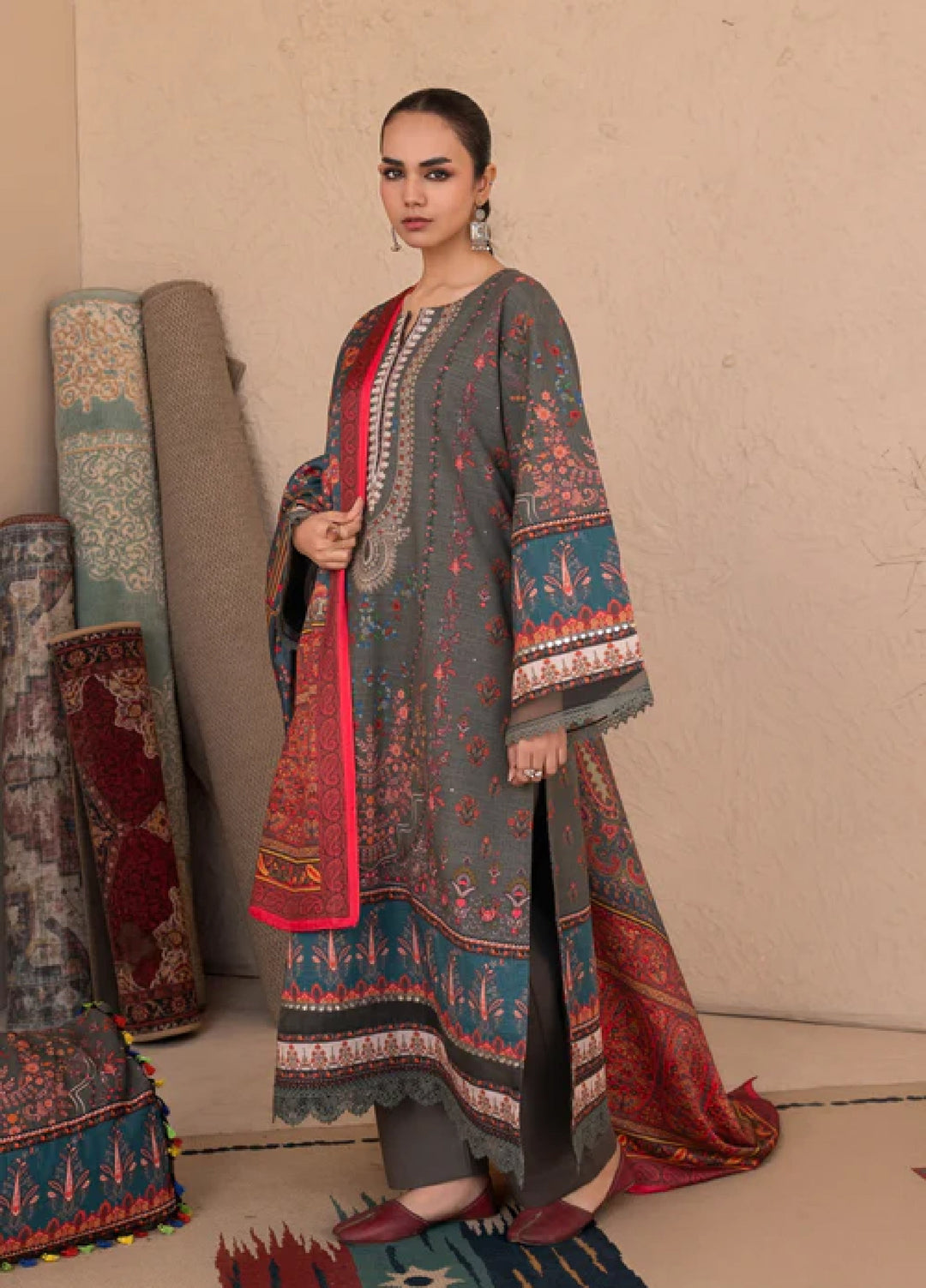 Jugnu by Chandan Nagri Women Pret Embroidered Khaddar 3 Piece Suit Roohi - Winter Collection