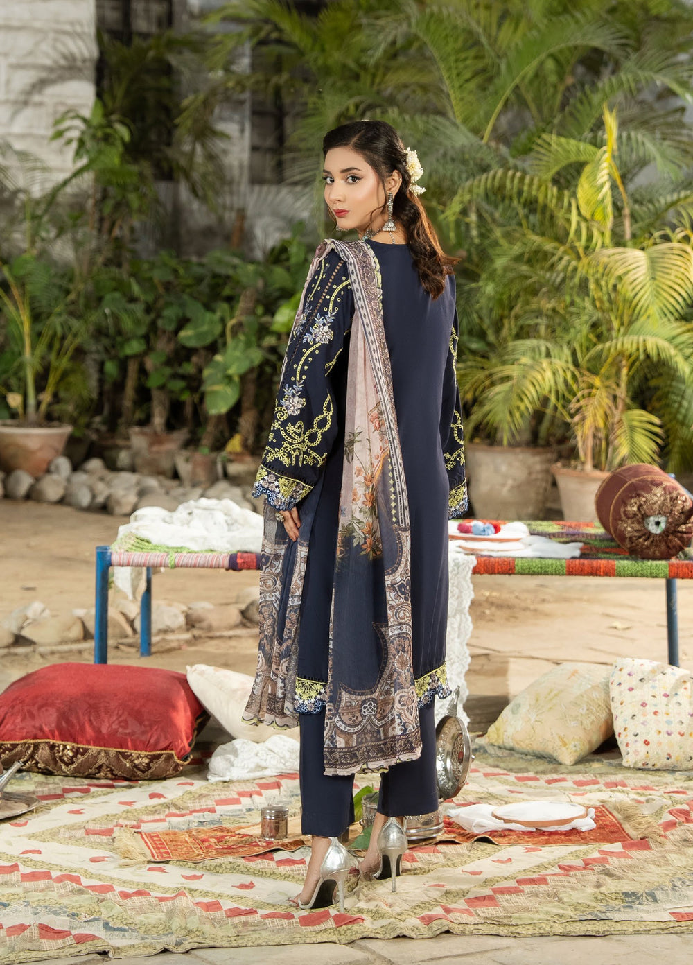 Dhaga Women RTW Embroidered Cotton 3 Piece DHG26PCN Royal azure - Eid Collection