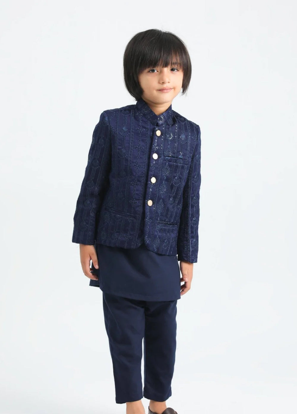 Muraqsh Ready To Wear Cotton Boys Navy Blue Kurta Trouser with Sequin Embroidered Prince Coat ABD-ASB3S - Summer Collection