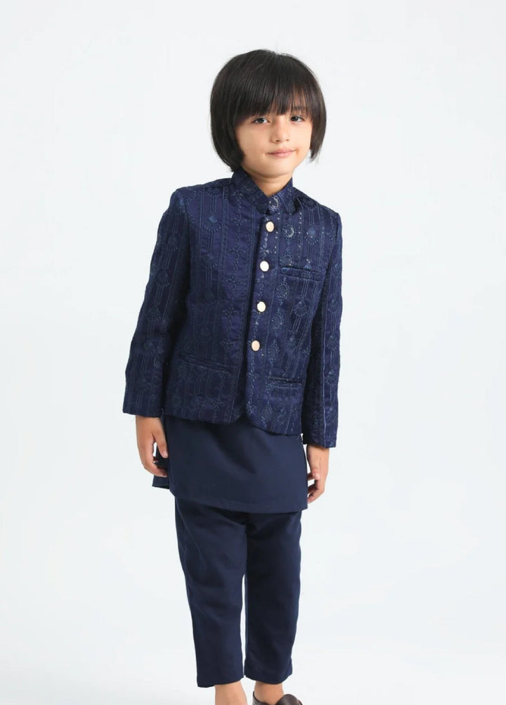 Muraqsh Ready To Wear Cotton Boys Navy Blue Kurta Trouser with Sequin Embroidered Prince Coat ABD-ASB3S - Summer Collection