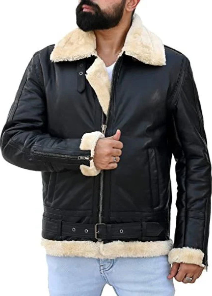 Jild Bomber Jacket Solids Mens Premium Shearling Fur Leather Jacket Black - Winter Collection
