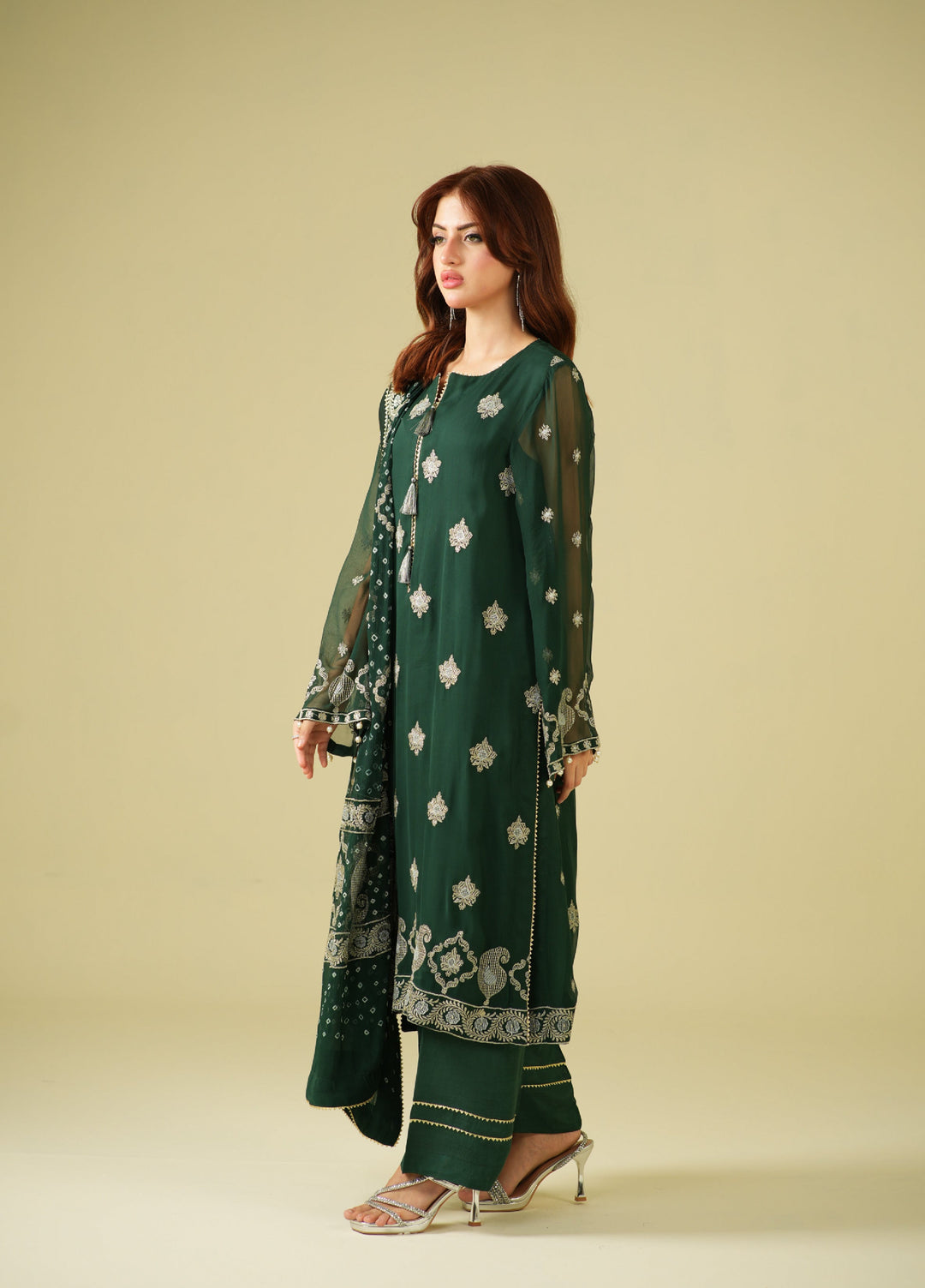Satrang by Zouj Unstitched Chunri Chiffon Embroidered Suits 3 Piece ZJ25SC ZJCH-0030 Dark Green - Festive Collection