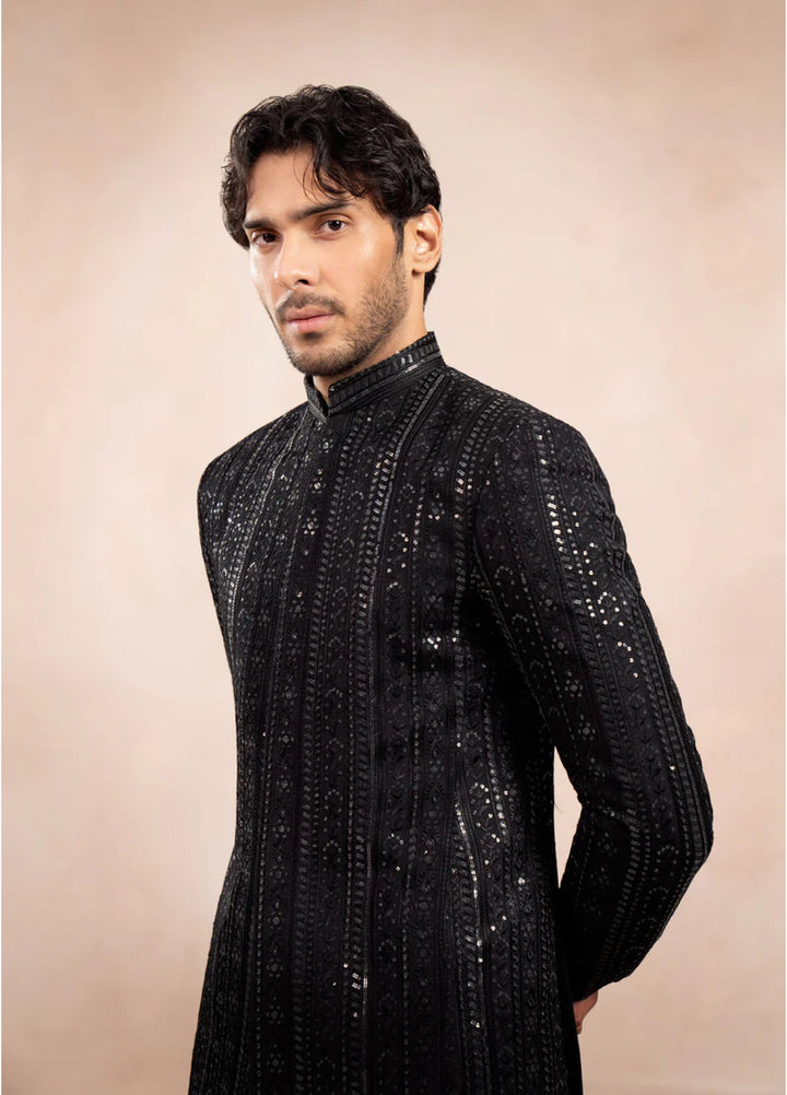 Muraqsh Ready To Wear Embroidered Cotton Men Black Falling Pani Sequin Prince Coat MUR-BFE-P - Summer Collection