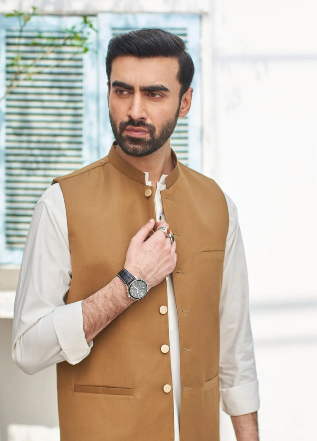 Muraqsh Ready To Wear Solids Cotton Men Off White Kameez Shalwar with Camel Suiting Waistcoat Round Cut MUR-COW - Summer Collection