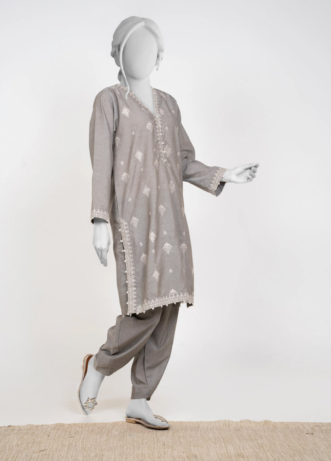 Ayla Studio Women Pret Chambray Solid Embroidered 2-Piece RTW Silver Grey - Winter Collection