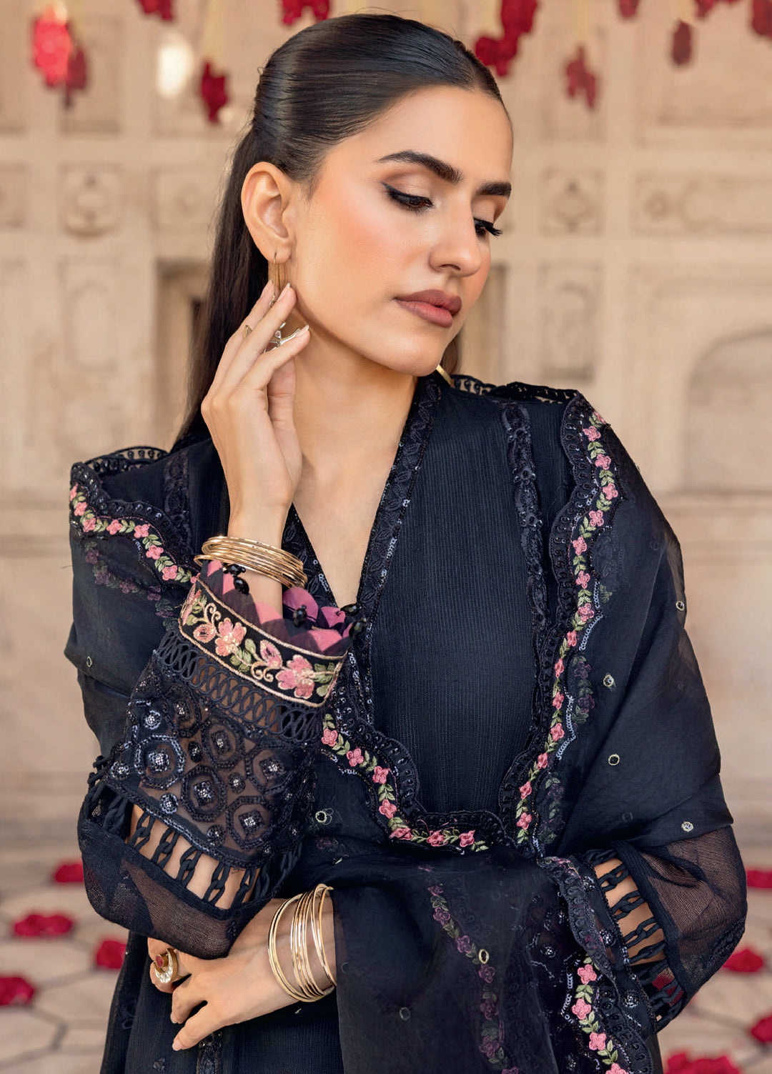 M basics by Maria B Unstitched Silk Embroidered Suits 3 Piece MB25WF D-806 Black - Winter Collection