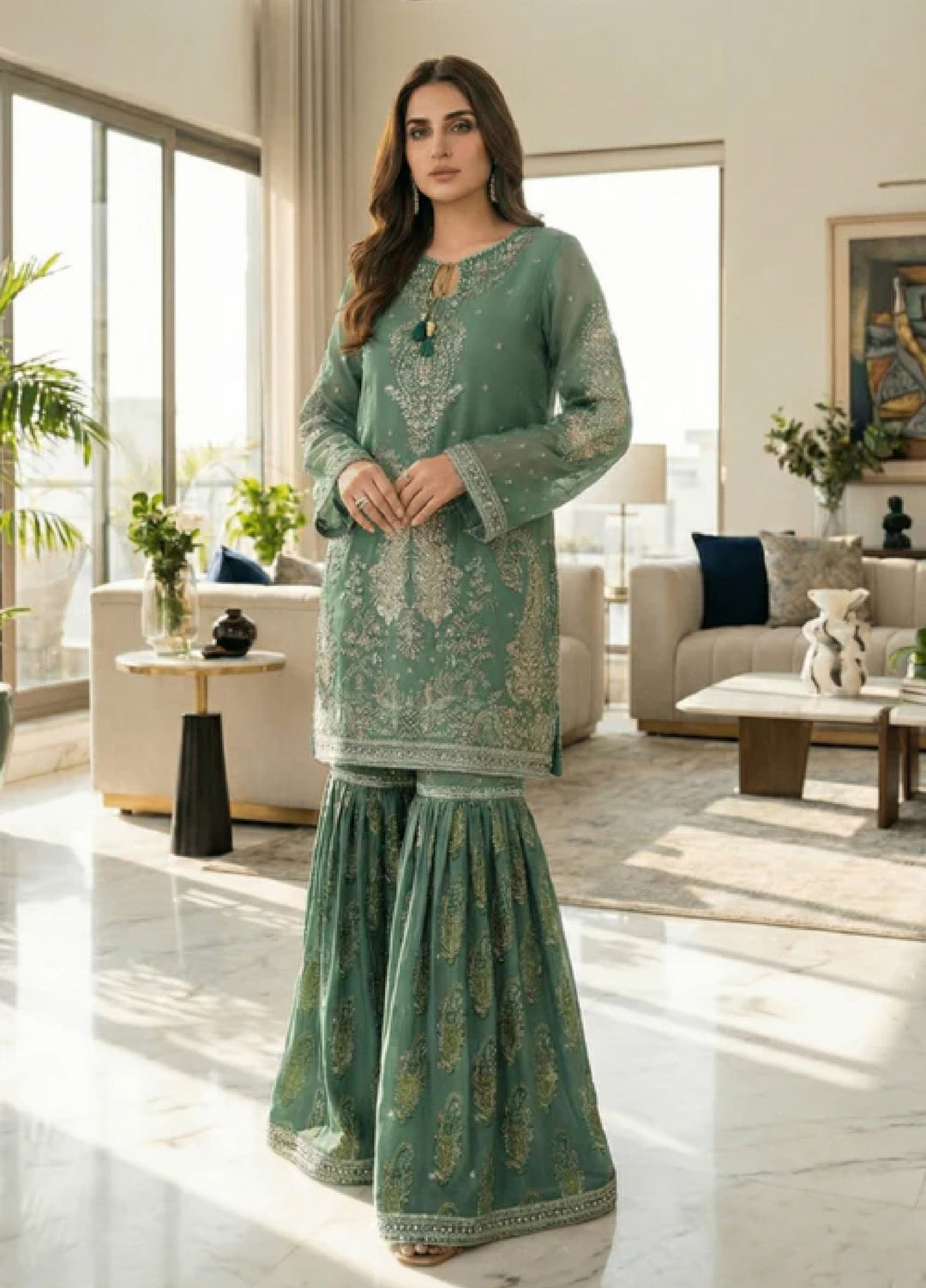 Essentials by Diara Couture Women Pret Embroidered Organza 3 Piece Suit Habiba DF-56 Green - Wedding Collection