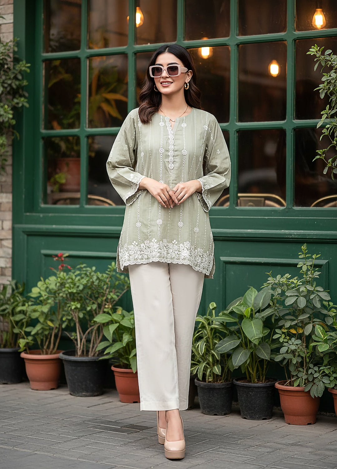 Lakhany Women Pret Embroidered Cambric Shirt Sage - Winter Collection