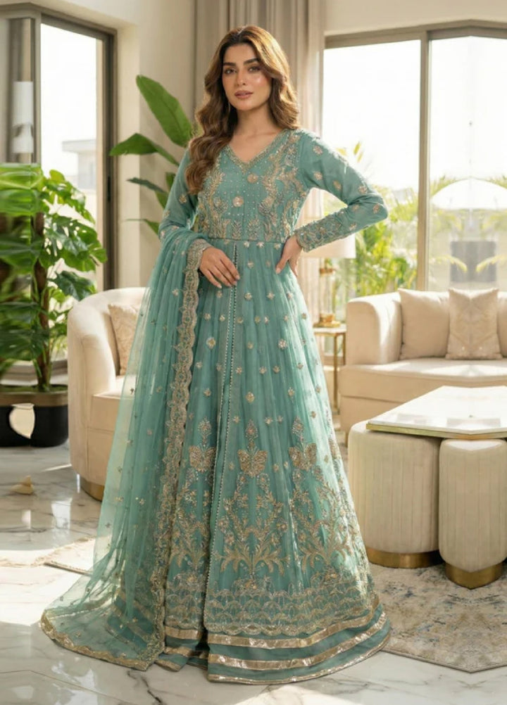 Essentials by Diara Couture Women Pret Embroidered Organza 3 Piece Suit Naranj US-510 Aqua - Wedding Collection