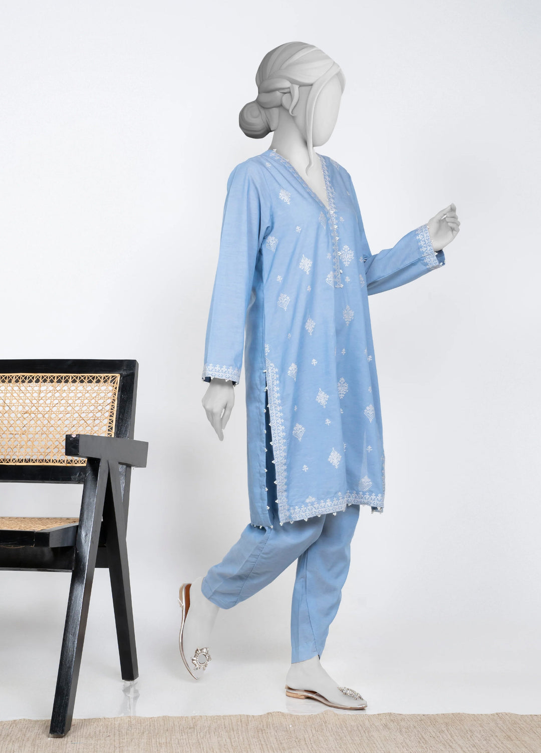 Ayla Studio Women Pret Chambray Solid Embroidered 2-Piece RTW Sky Blue - Winter Collection