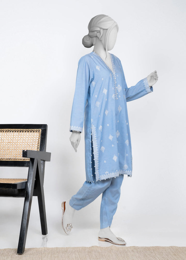 Ayla Studio Women Pret Chambray Solid Embroidered 2-Piece RTW Sky Blue - Winter Collection