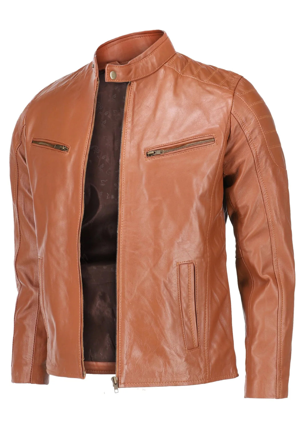 Mens Tan Lambskin Biker Style Leather Jacket
