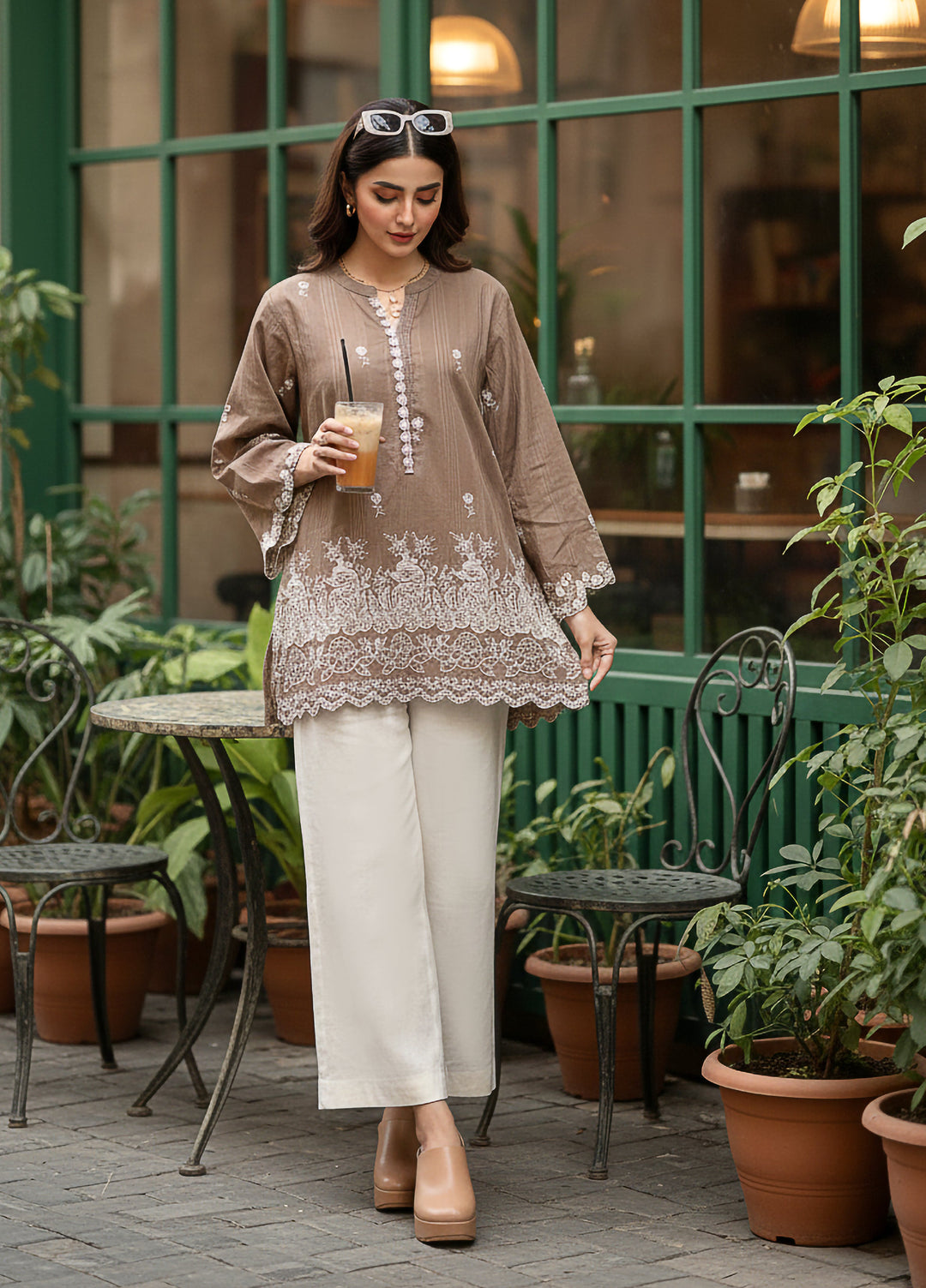 Lakhany Women Pret Embroidered Cambric Shirt Brown - Winter Collection