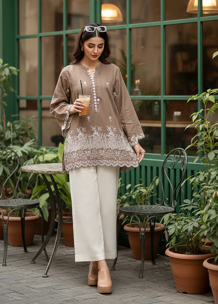 Lakhany Women Pret Embroidered Cambric Shirt Brown - Winter Collection