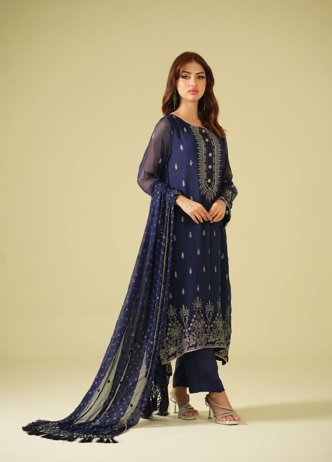 Satrang by Zouj Unstitched Chunri Chiffon Embroidered Suits 3 Piece ZJ25SC ZJCH-0032 Navy Blue - Festive Collection