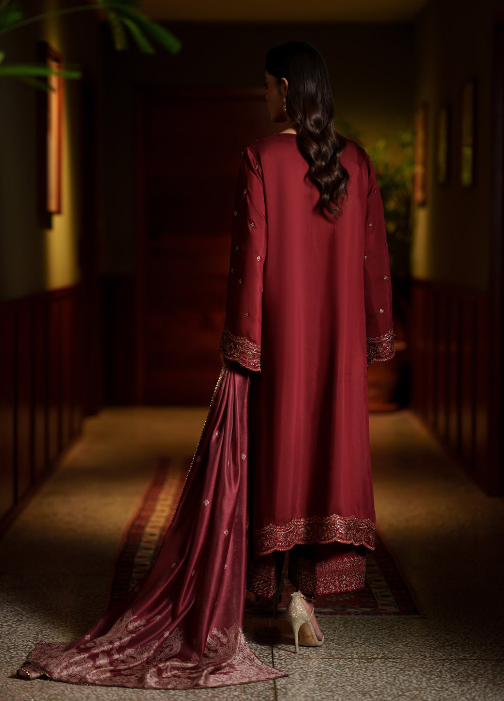 Elara by Casuallite RTW Embroidered Silk Viscose 3 Piece Suit CL26PSE D1 Aurelia Wine - Festive Collection