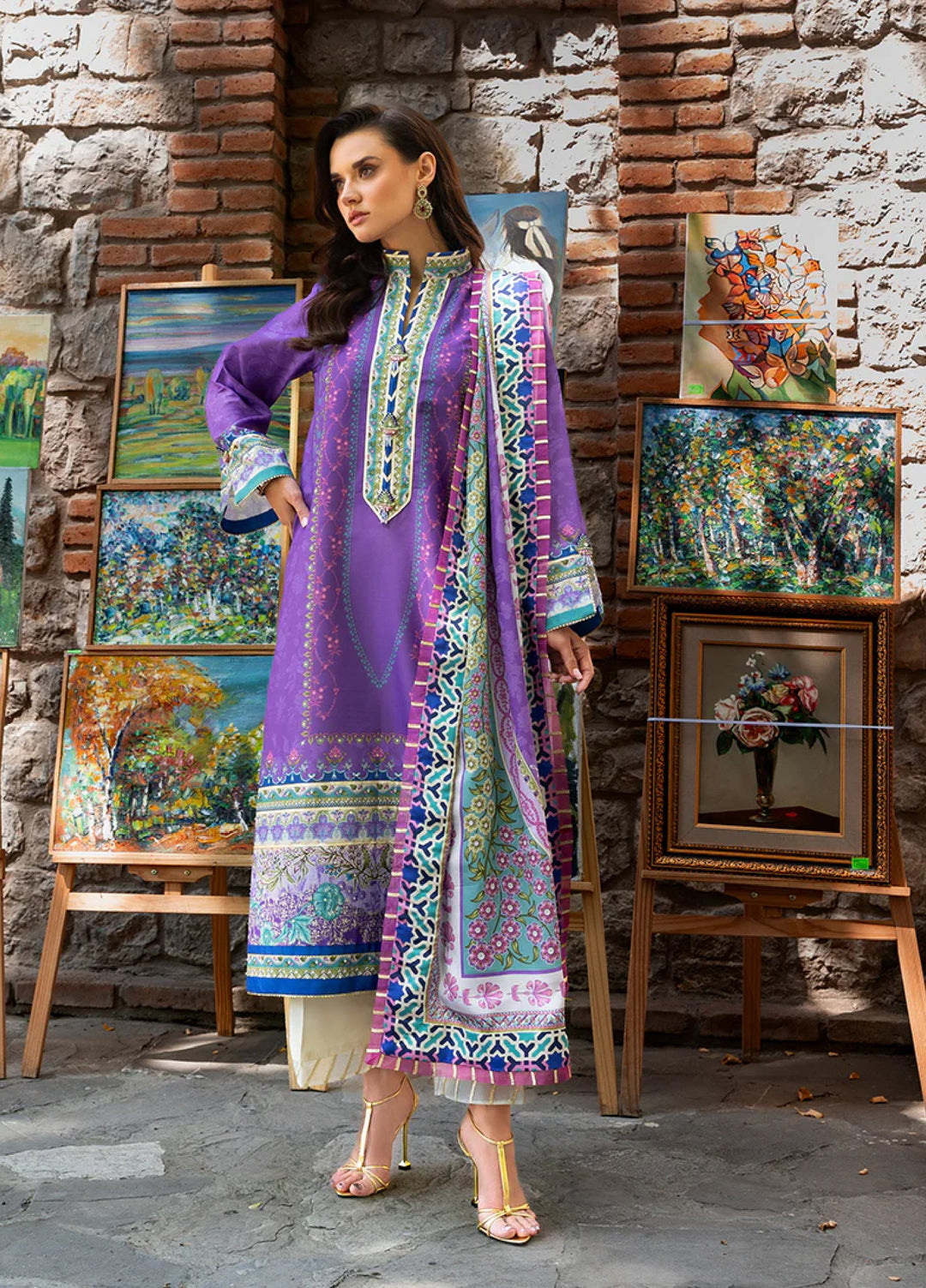 Mushq Hemline Echoes Of Serneity Unstitched Festive Raw Silk Printed 3 Piece MQ25ES D-02 Cosmic Spindle - Festive Collection