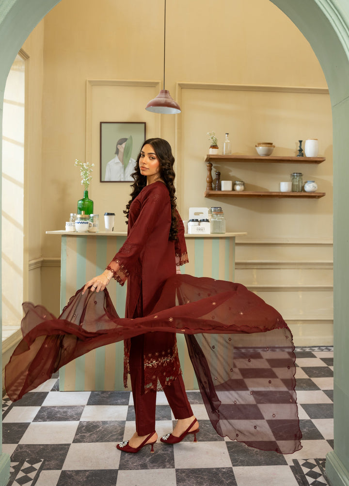 Naaz Couture Women RTW Embroidered Lawn 3 Piece Suit NC26RLC Maroon - Casual Collection