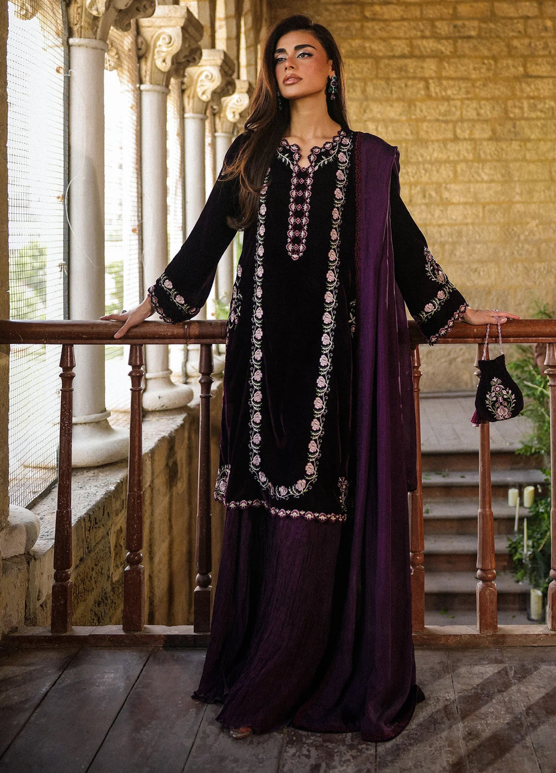 Elayra by Sahar Pret Velvet 3 Piece Embroidered Aubergine Noir - Festive Collection