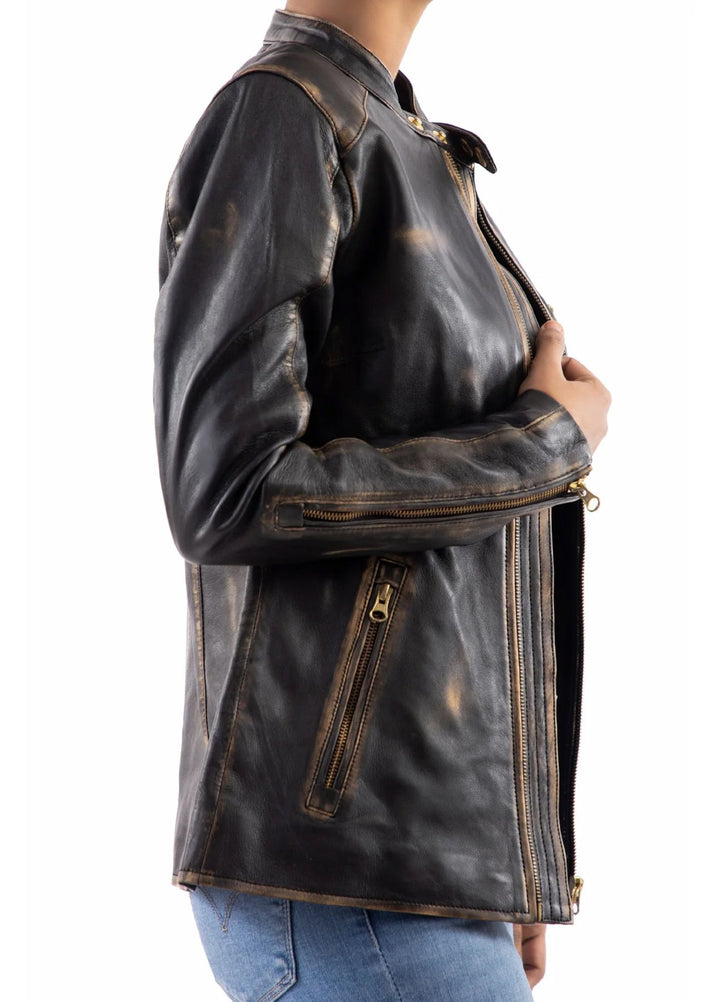 Jild Bomber Jacket Solids Distressed Racer Vintage Leather Jacket Women Black - Winter Collection